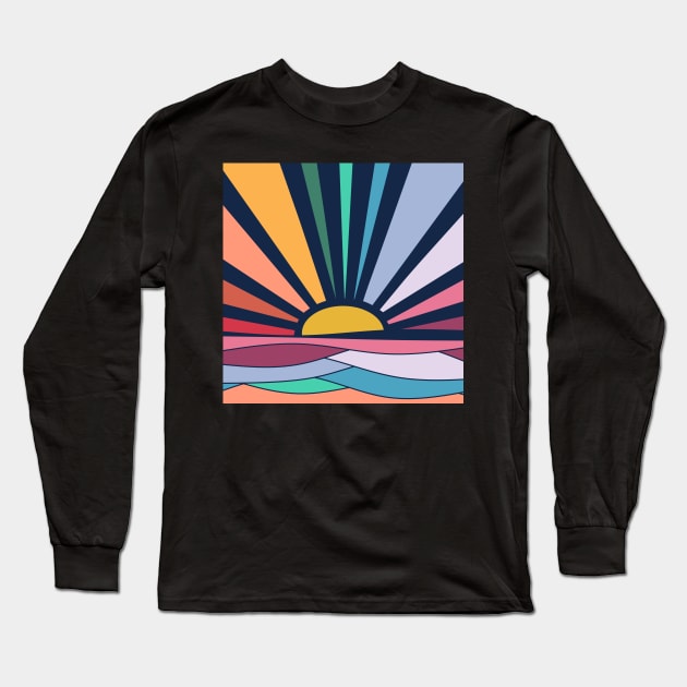 Rainbow Sunrise Sunrays Vintage Boho Sunrise Waves Long Sleeve T-Shirt by Timeforplay